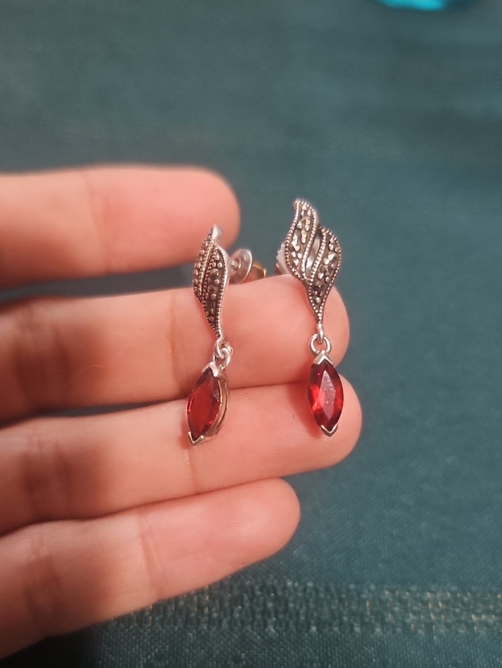 Sterling Silver Leaf Drop Earrings with Red Gemstones